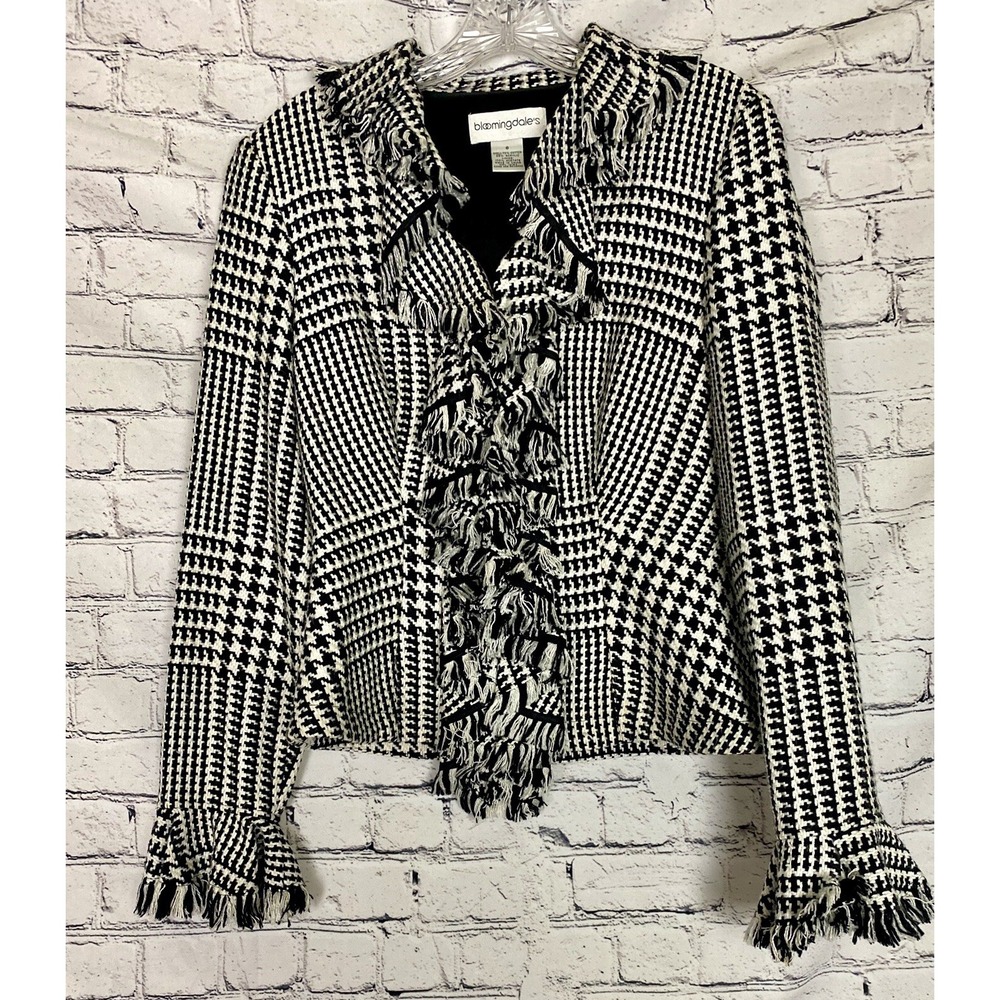 Bloomingdale's Women's Houndstooth Black White Woven‎ Ruffle Blazer Jacket